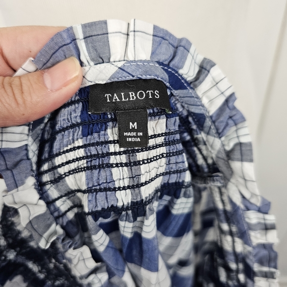 Talbots Boho Blue Blossom Plaid Smocked Blouse Women's Medium - Picture 3 of 7